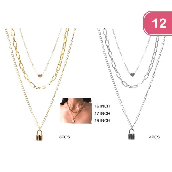LOCK AND HEART LAYERED NECKLACE (12 UNITS)