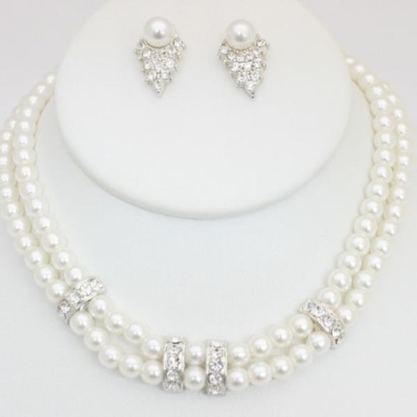 2 LINE PEARL NECKLACE EARRING SET