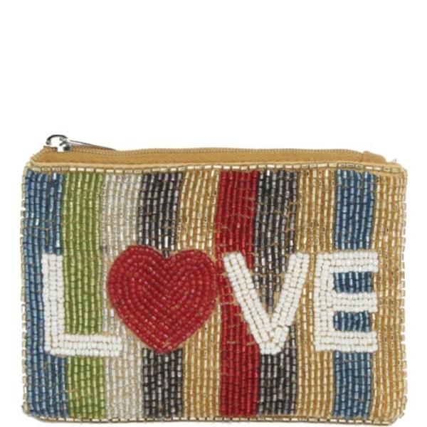 MULTI COLOR STRIPE LOVE SEED BEAD ZIPPER BAG