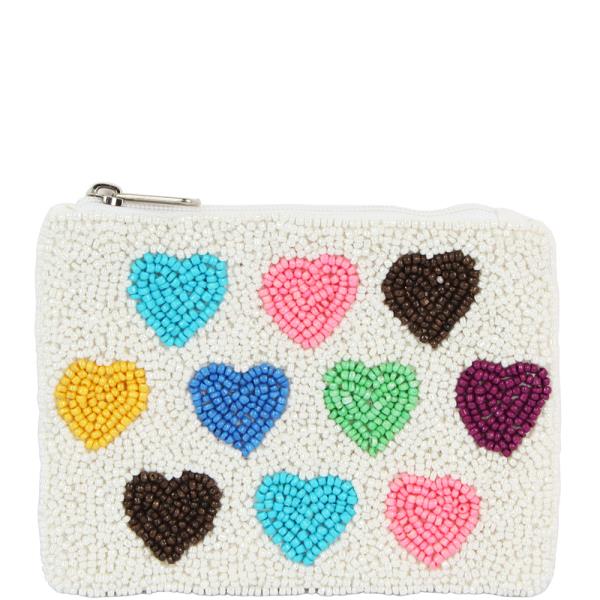 COLORED HEARTS SEED BEAD ZIPPER BAG