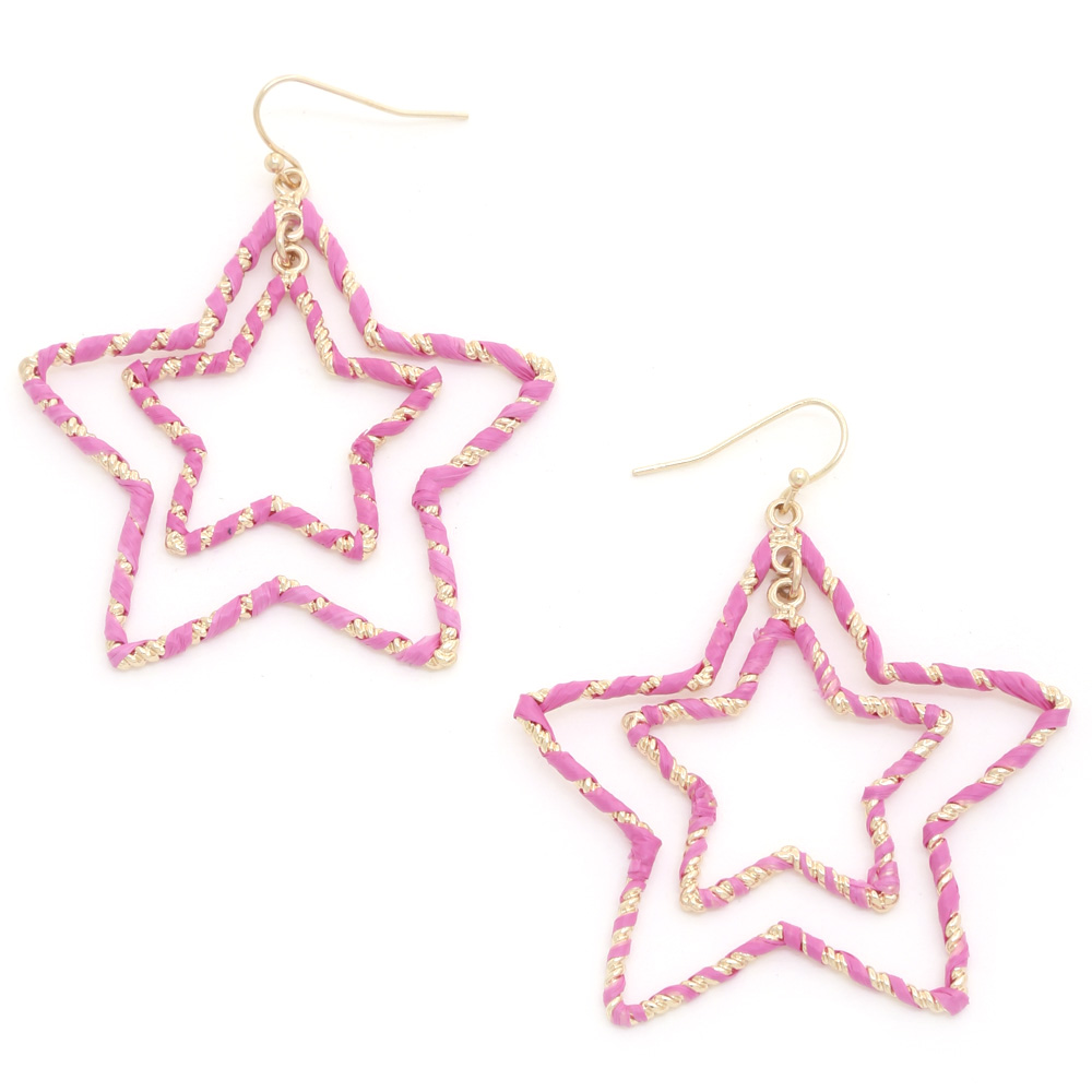 DOUBLE STAR RAFFIA WRAPPED DANGLE EARRING