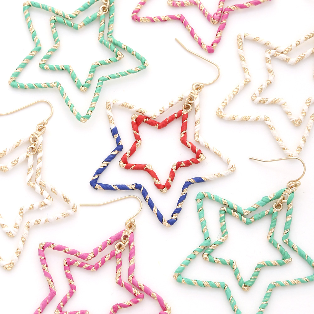 DOUBLE STAR RAFFIA WRAPPED DANGLE EARRING