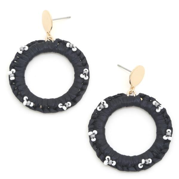 RAFFIA WRAPPED ROUBD BEADED DANGLE EARRING