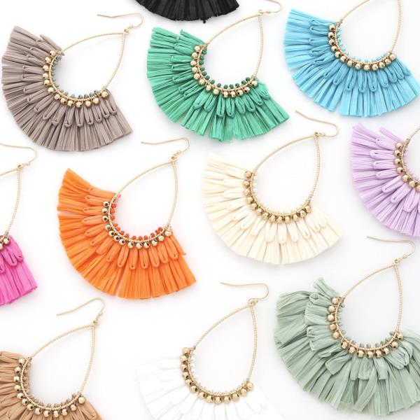 TEARDROP BEAD RAFFIA FAN DANGLE EARRING