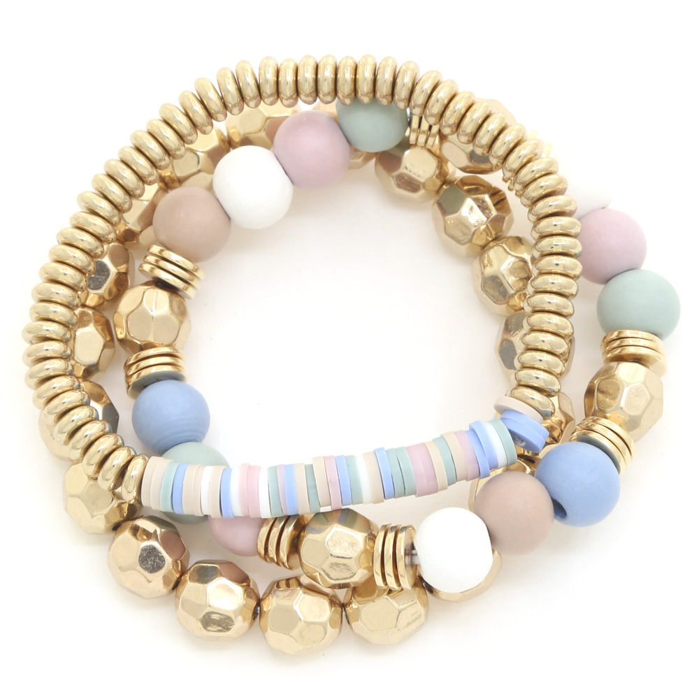 WOOD BEAD METAL DISC BRACELET SET