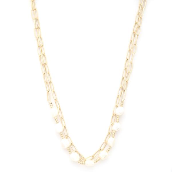 PEARL BEAD OVAL LINK LAYERED NECKLACE