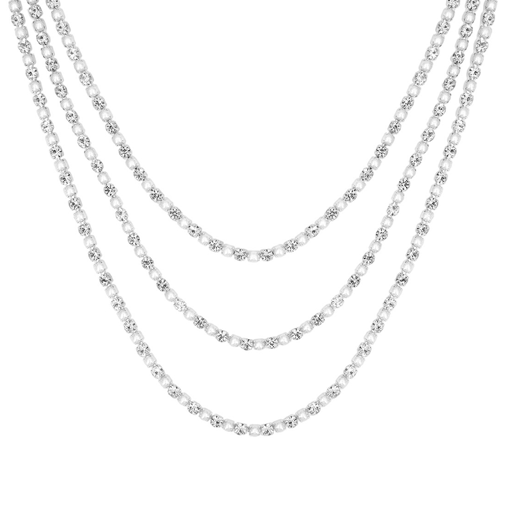 RHINESTONE PEARL 3 LINE NECKLACE