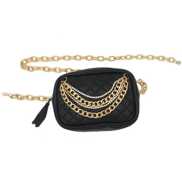 CHAIN EMBELLISHED QUILTED CHAIN BELT BAG