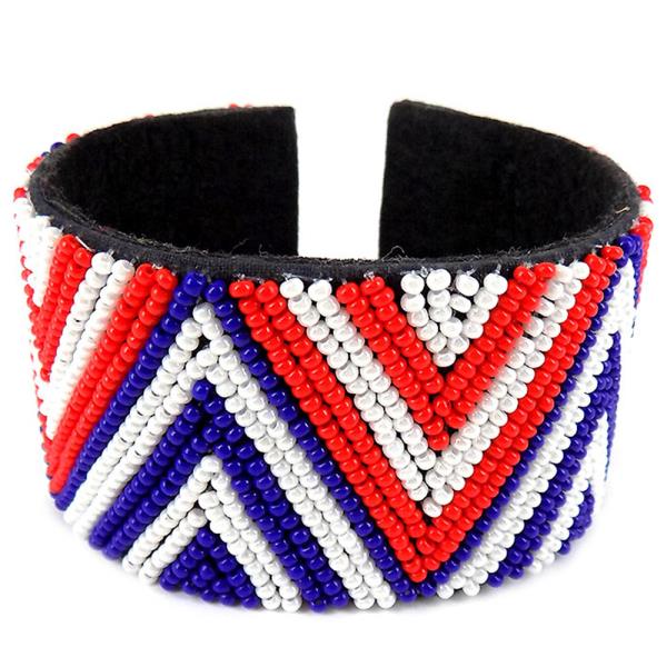 BLUE AND RED SEED BEAD CUFF BRACELET