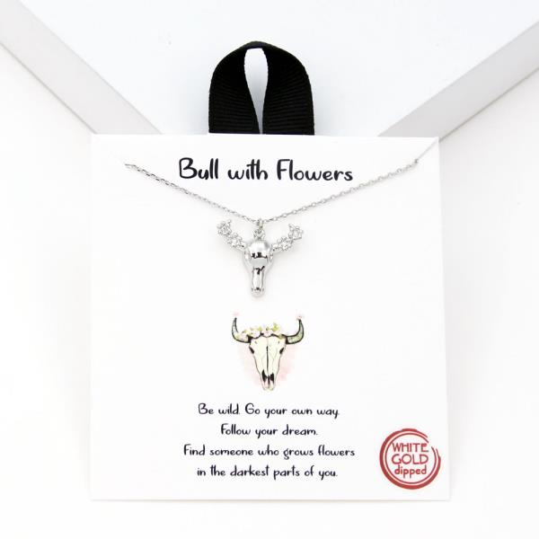 18K GOLD RHODIUM DIPPED BULL WITH FLOWERS BULL FLOWER CZ NECKLACE