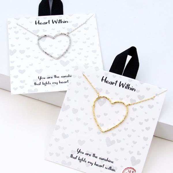 18K GOLD RHODIUM DIPPED HEART WITHIN HOLLOW HEART NECKLACE