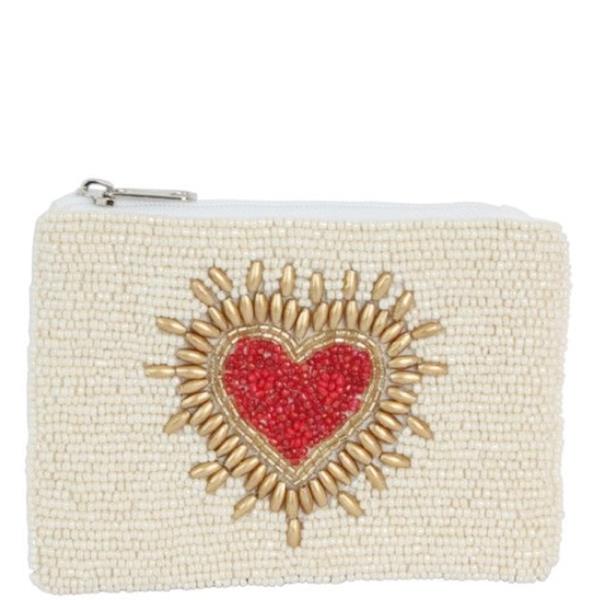 FASHION WHITE RED HEART SEED BEADED ZIPPER BAG