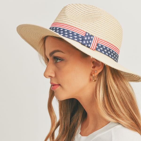 AMERICAN FLAG BAND STRAW PANAMA SUN HAT