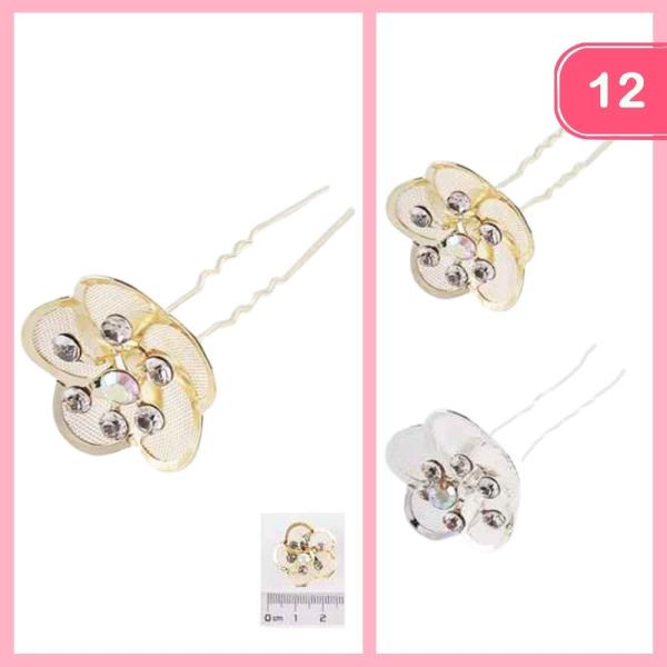 FLOWER RHINESTONE HAIR PIN (12 UNITS)