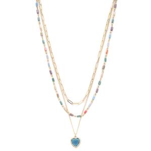 MULTI BEAD METAL 2 LAYERED CHAIN HEART PENDANT NECKLACE