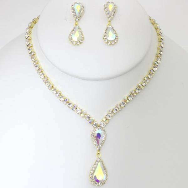 FASHION RHINESTONE PATTERN TEAR GEM NECKLACE AND EARRING SET