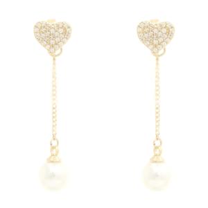 RHINESTONE HEART PEARL DROP EARRING