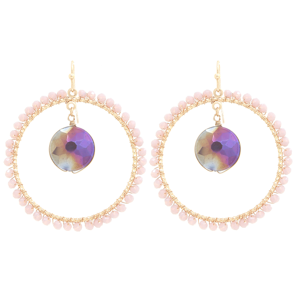 CRYSTAL DANGLE ROUND BEAD METAL HOOK EARRING