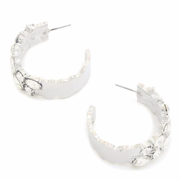 METAL STONE STUDDED C HOOP EARRING