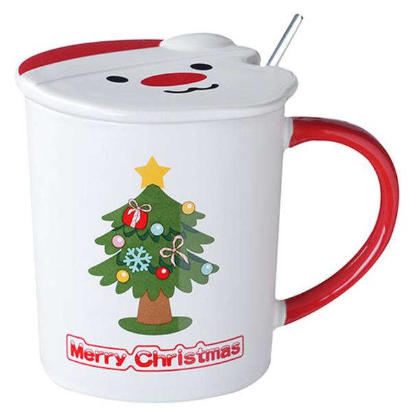 SANTA PRINT CERAMIC MUG WITH SANTA LID AND SPOON