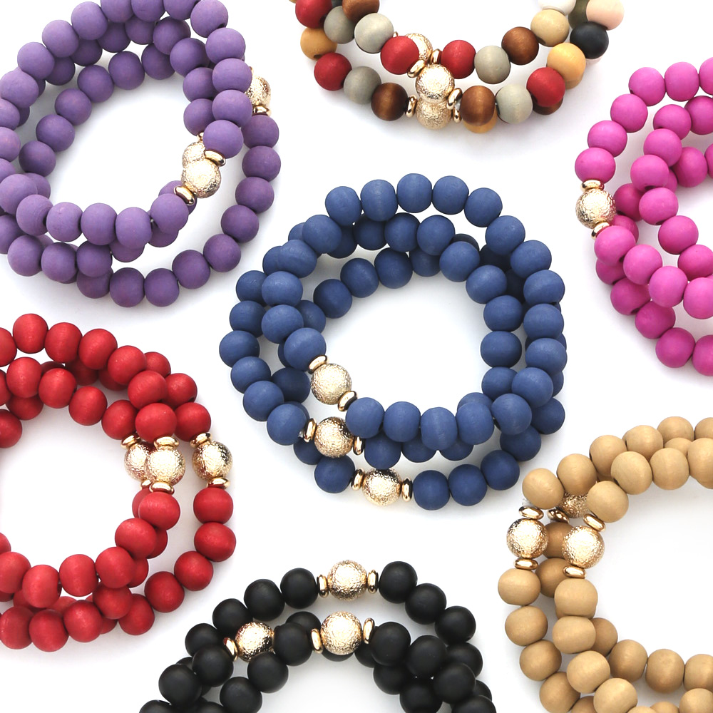 3 SET SATIN BALL ACC WOOD BEADS BRACELET