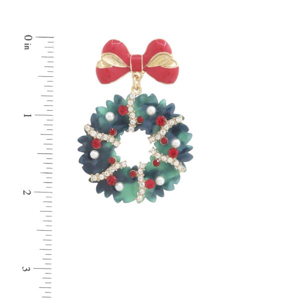 CHRISTMAS WREATH RHINESTONE DANGLE EARRING