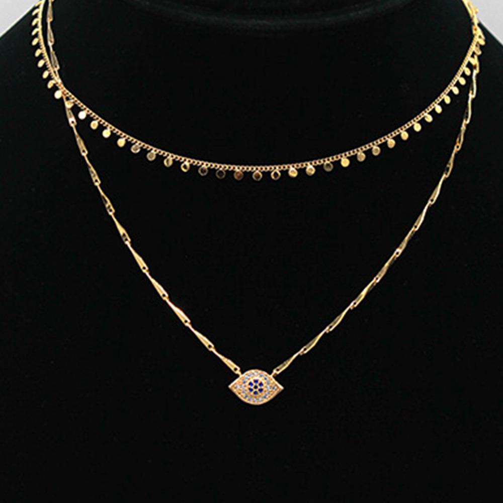 LAYERED DISC CHAIN EVIL EYE PENDANT NECKLACE