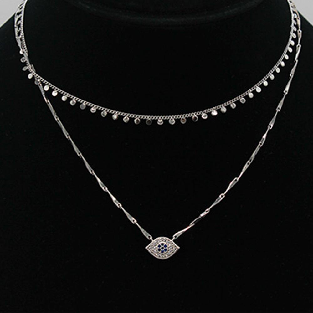 LAYERED DISC CHAIN EVIL EYE PENDANT NECKLACE