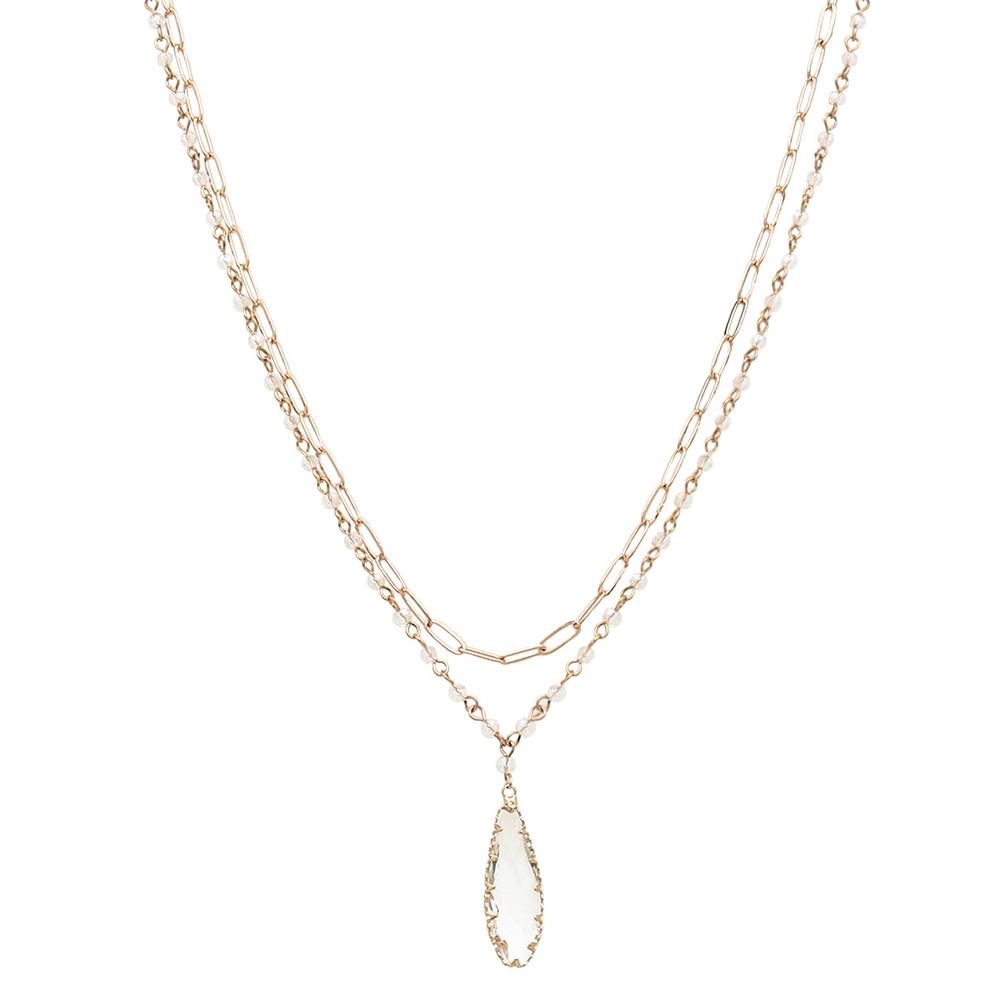 LONG CRYSTAL PENDANT OVAL LINK LAYERED NECKLACE