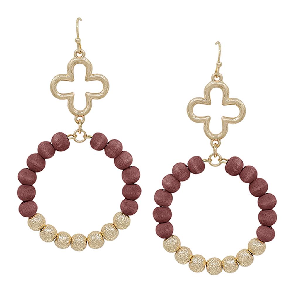 FLOWER ROUND WOOD SATIN BALL EARRING