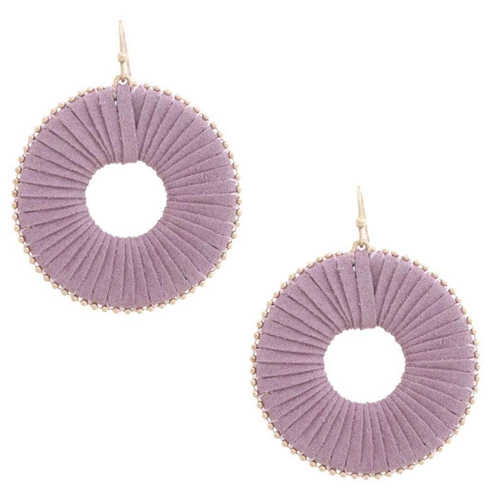 ROUND RAFFIA WRAPPED BEADED EDGE DANGLE EARRING