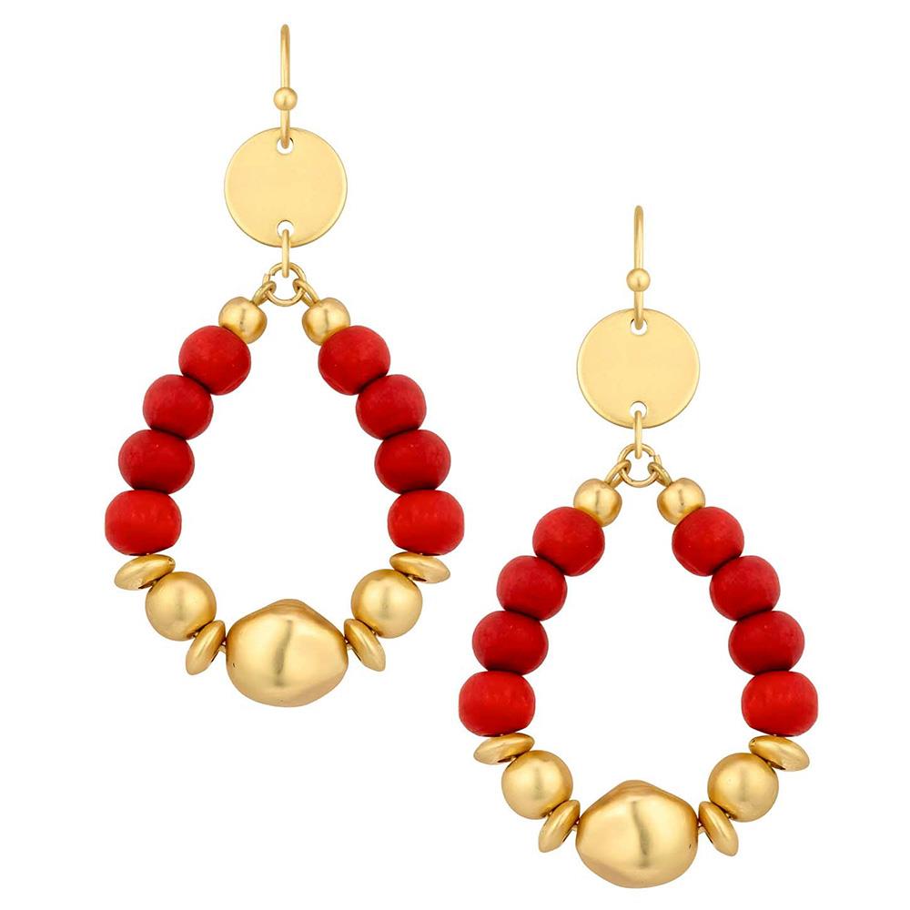 WOOD BEAD METAL TEARDROP EARRING