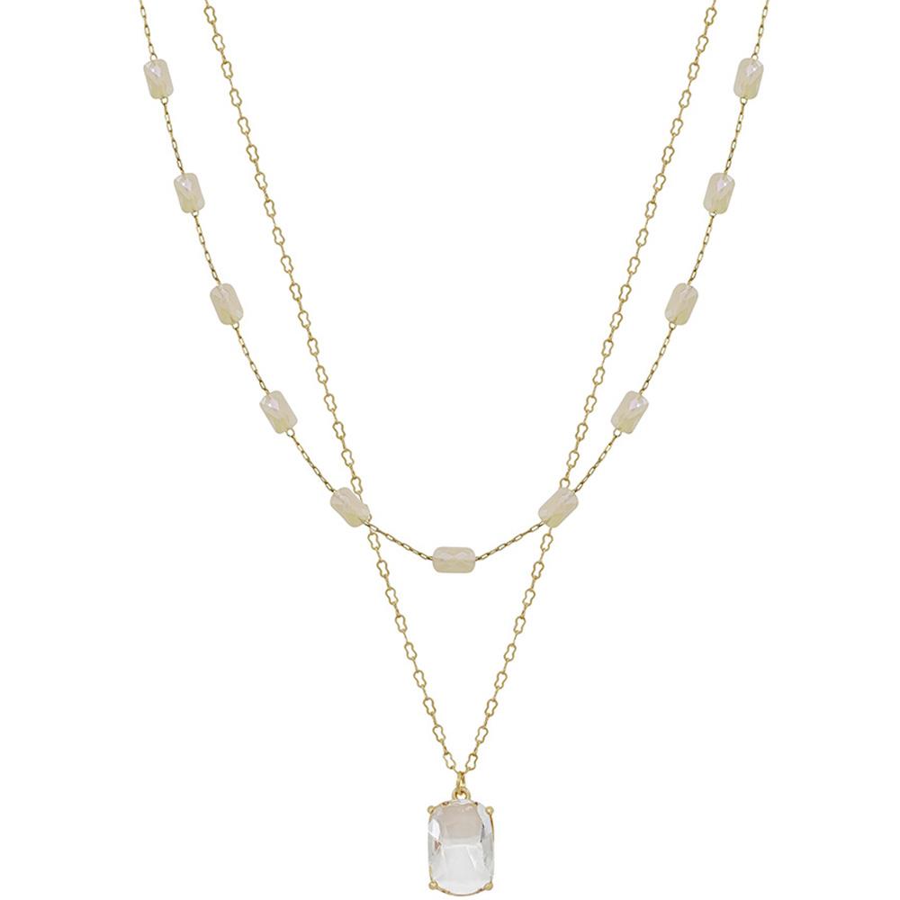SQUARE BEAD LAYER CRYSTAL PENDANT NECKLACE