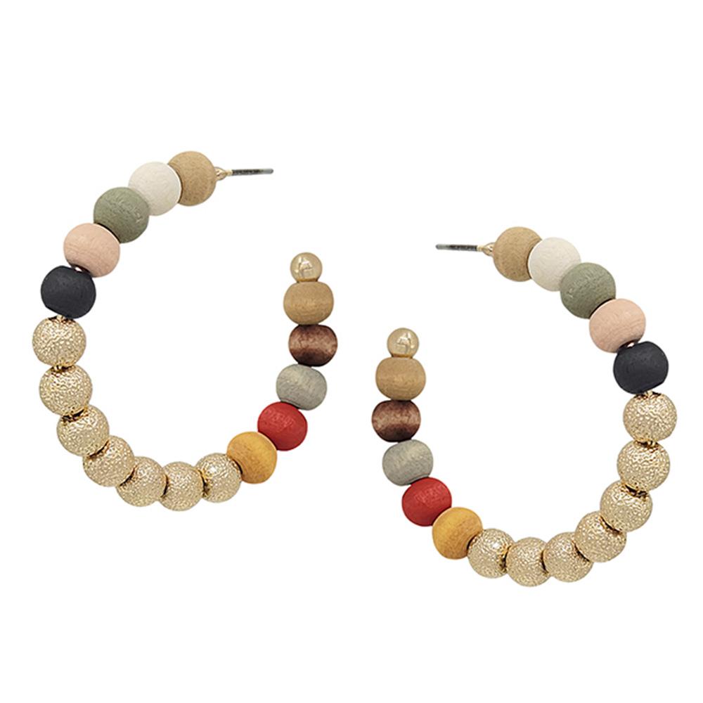 WOOD & SATIN BALL CCB HOOP EARRING
