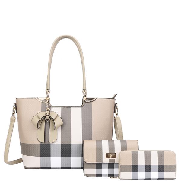 3IN1 PLAID TOTE BAG W CROSSBODY AND WALLET SET
