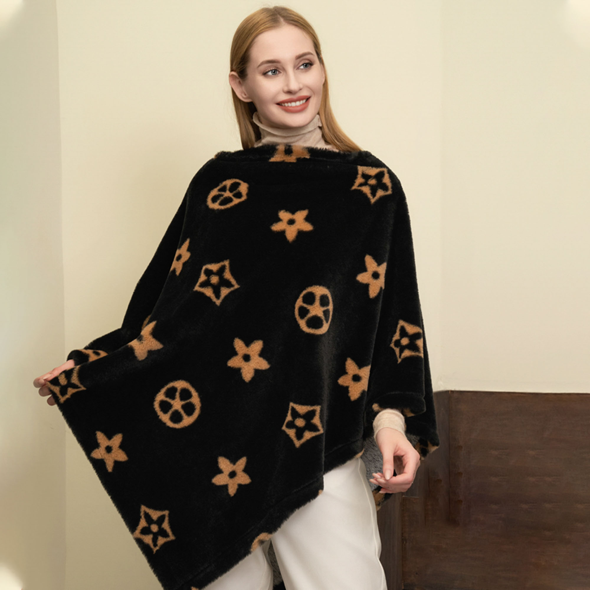 FASHION FLOWER FUR PONCHO