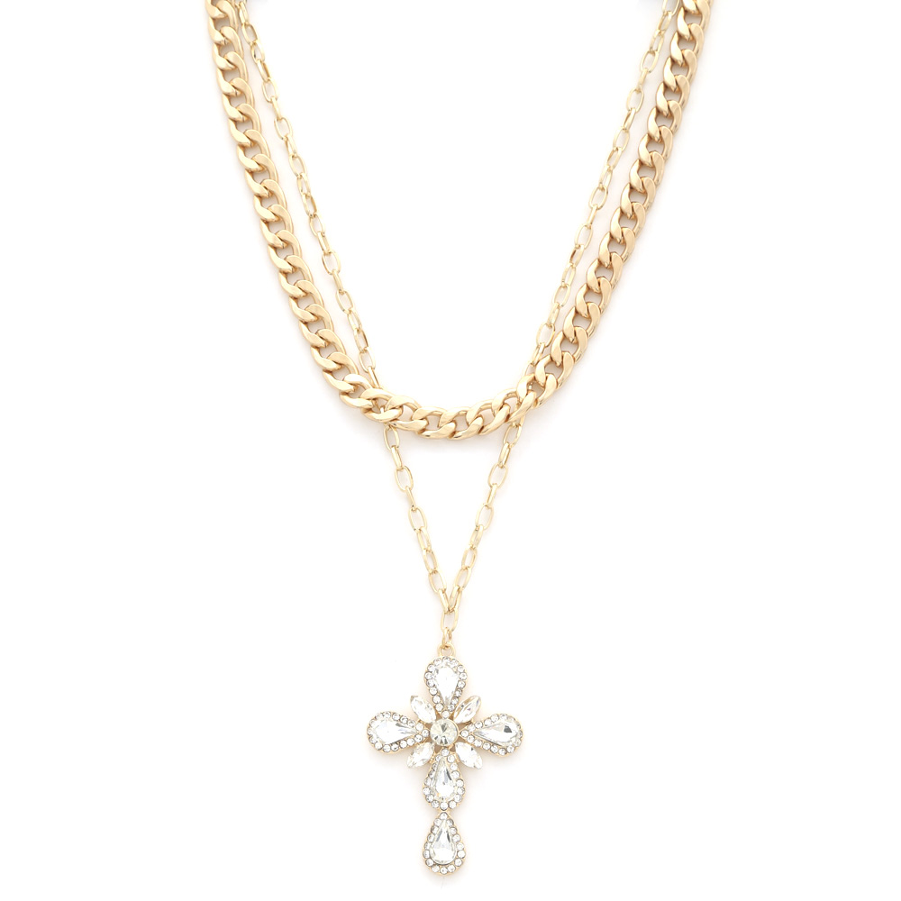 SODAJO CROSS PENDANT CURB LINK LAYERED NECKLACE