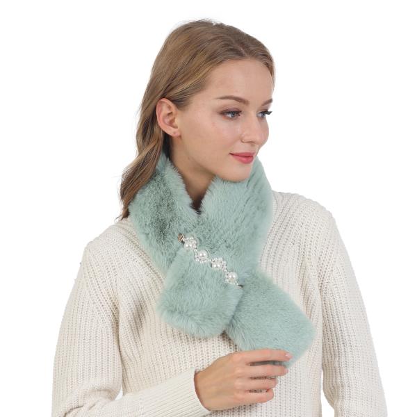 PEARL ACCENT PULL THORUGH FAUX FUR STOLE SCARF WRAP