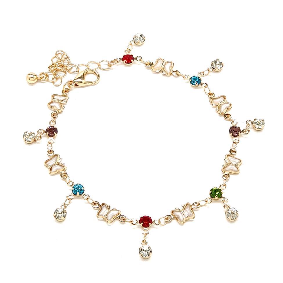 BRASS MOTHERPEARL BUTTERFLY CHARM CRYSTAL ANKLET