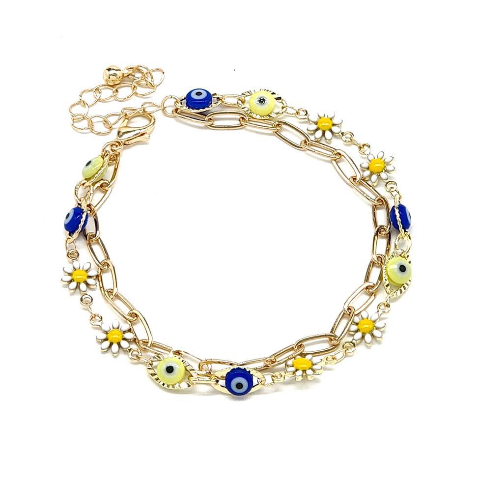 BRASS EVIL EYE CHARM AND FLOWER BEAD CHAIN ANKLET