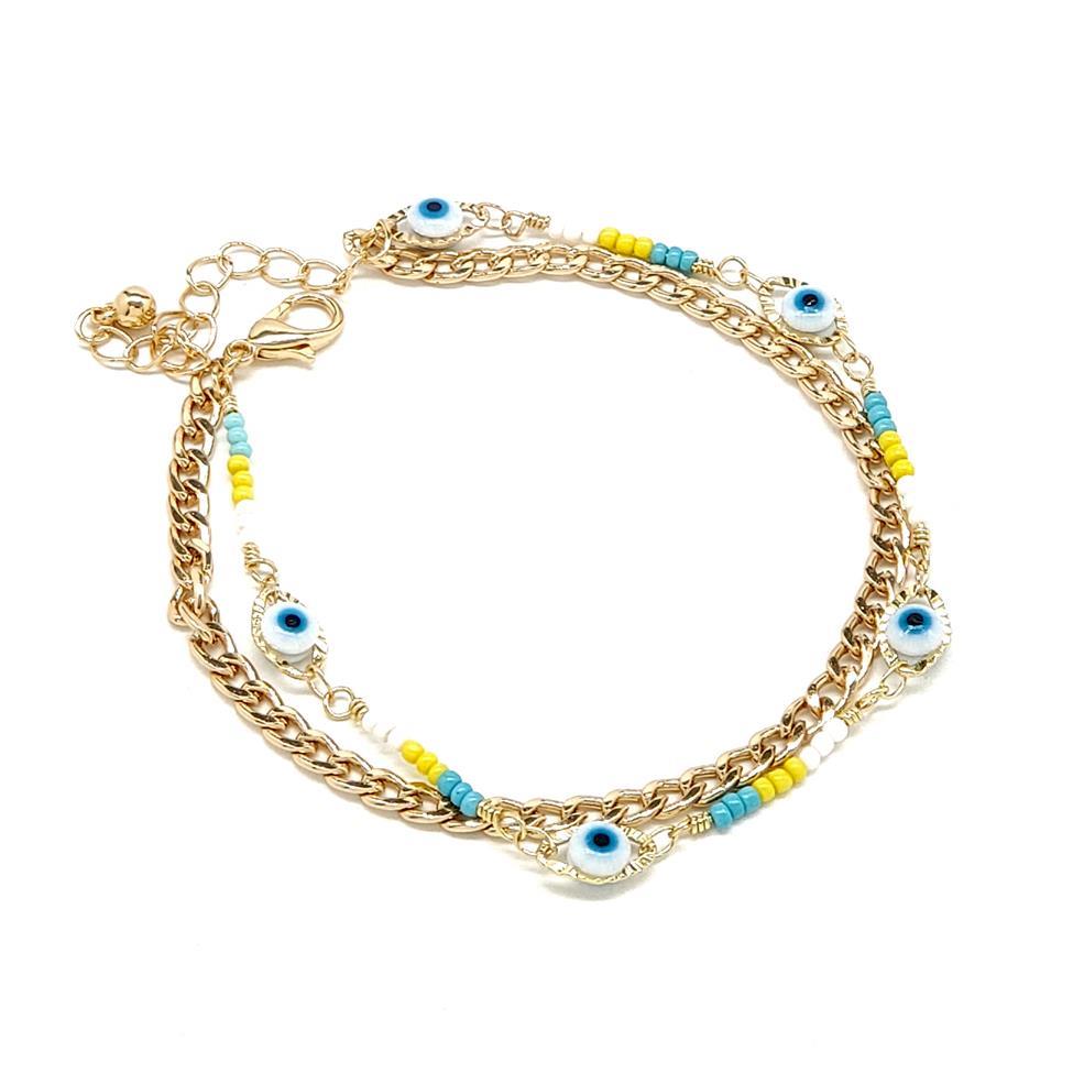 BRASS EVIL EYE MULTICOLOR BEAD CHAIN ANKLET
