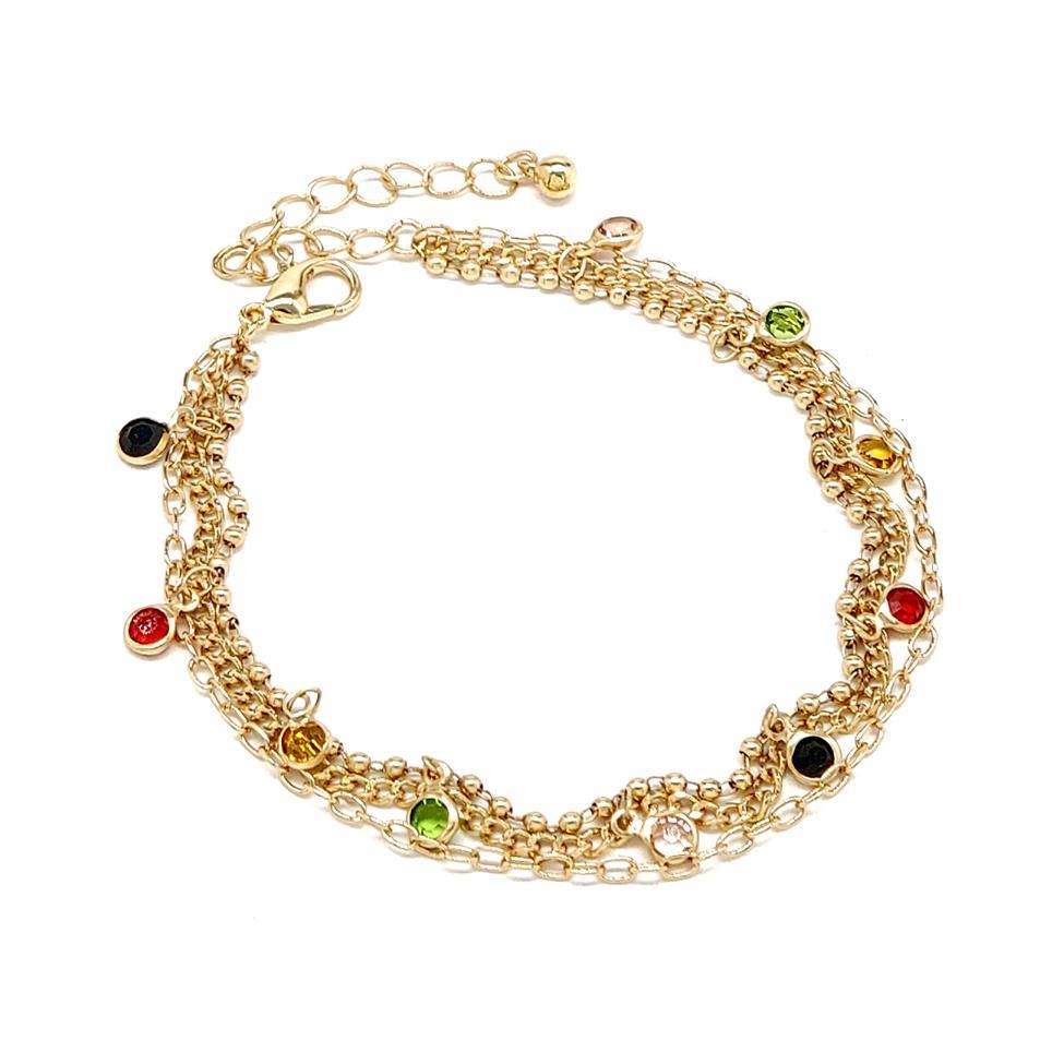 BRASS LAYERED ROUND CRYSTAL BEAD CHAIN ANKLET