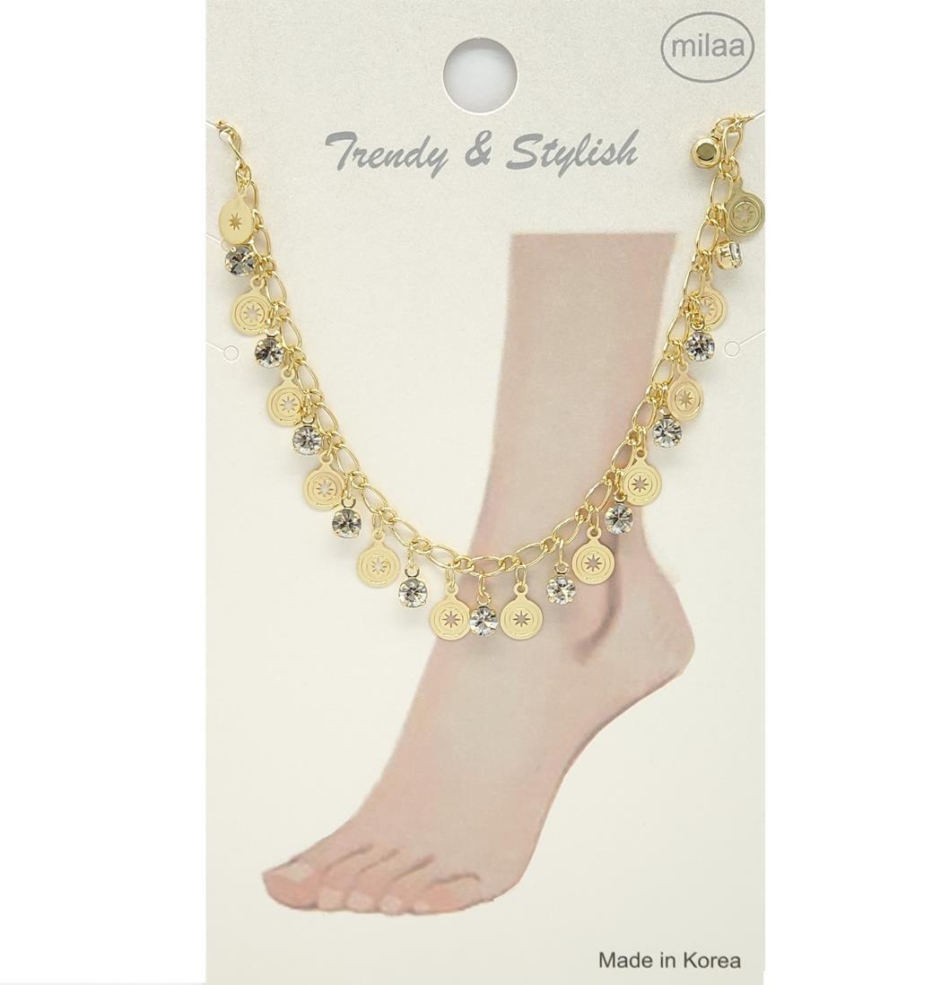 BRASS RHINESTONE AND STAR CENTER COIN CHARMS ANKLET