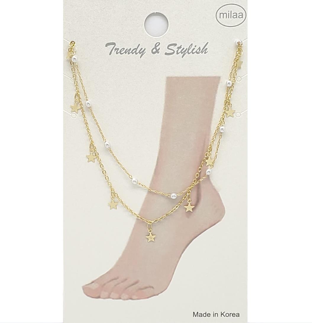 BRASS LAYERED PEARL AND STAR CHARMS ANKLET