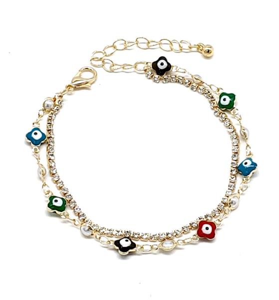 BRASS LAYERED FLORAL EVIL EYE AND PEARL CHARM WITH RHINESTONE CHAIN ANKLET