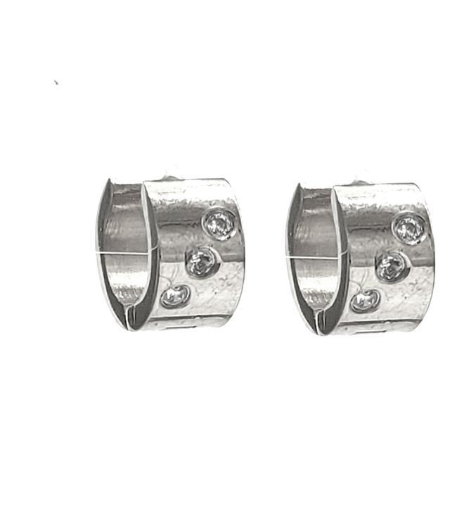 Stainless Steel Diagonal Rhinestone Wide Huggie Earrings