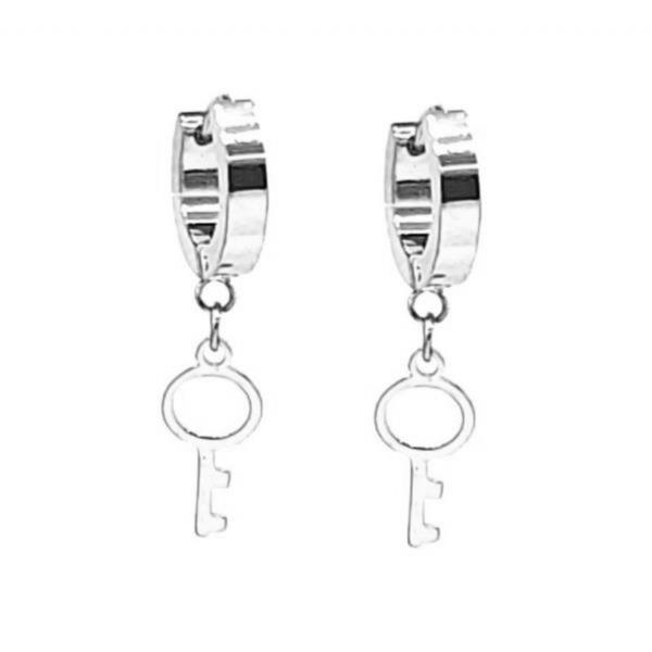 Stainless Steel Key Charm Huggie Earrings