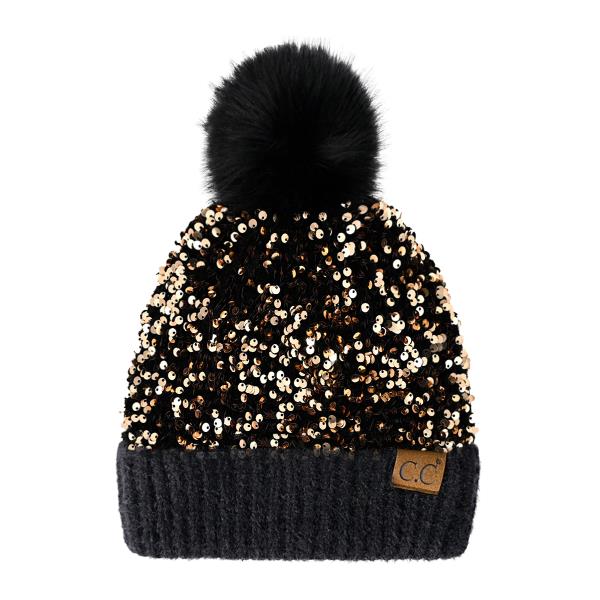 CC SEQUIN FUR POM BEANIE