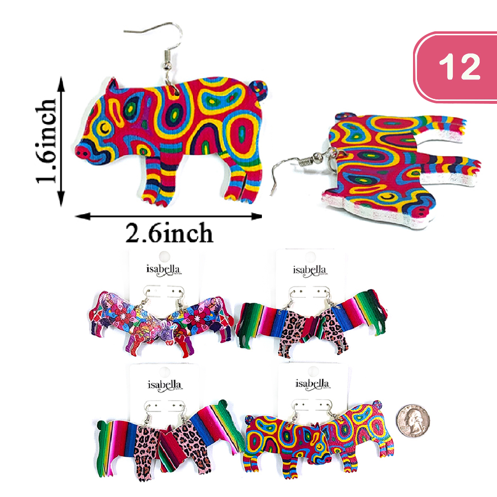 FASHION COLORFUL WOODEN PIG EARRING(12UNITS)