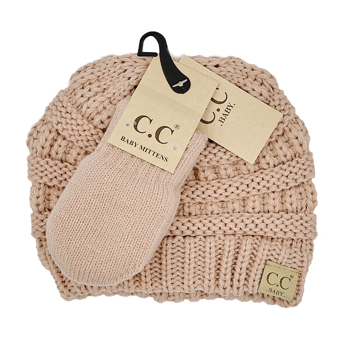 CC SOLID RIBBED BABY BEANIE HAT AND MITTEN GLOVE